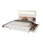 Upholstered Bed 140x200cm Pull-out Bed 2 Drawers Bedside Light Strip - White