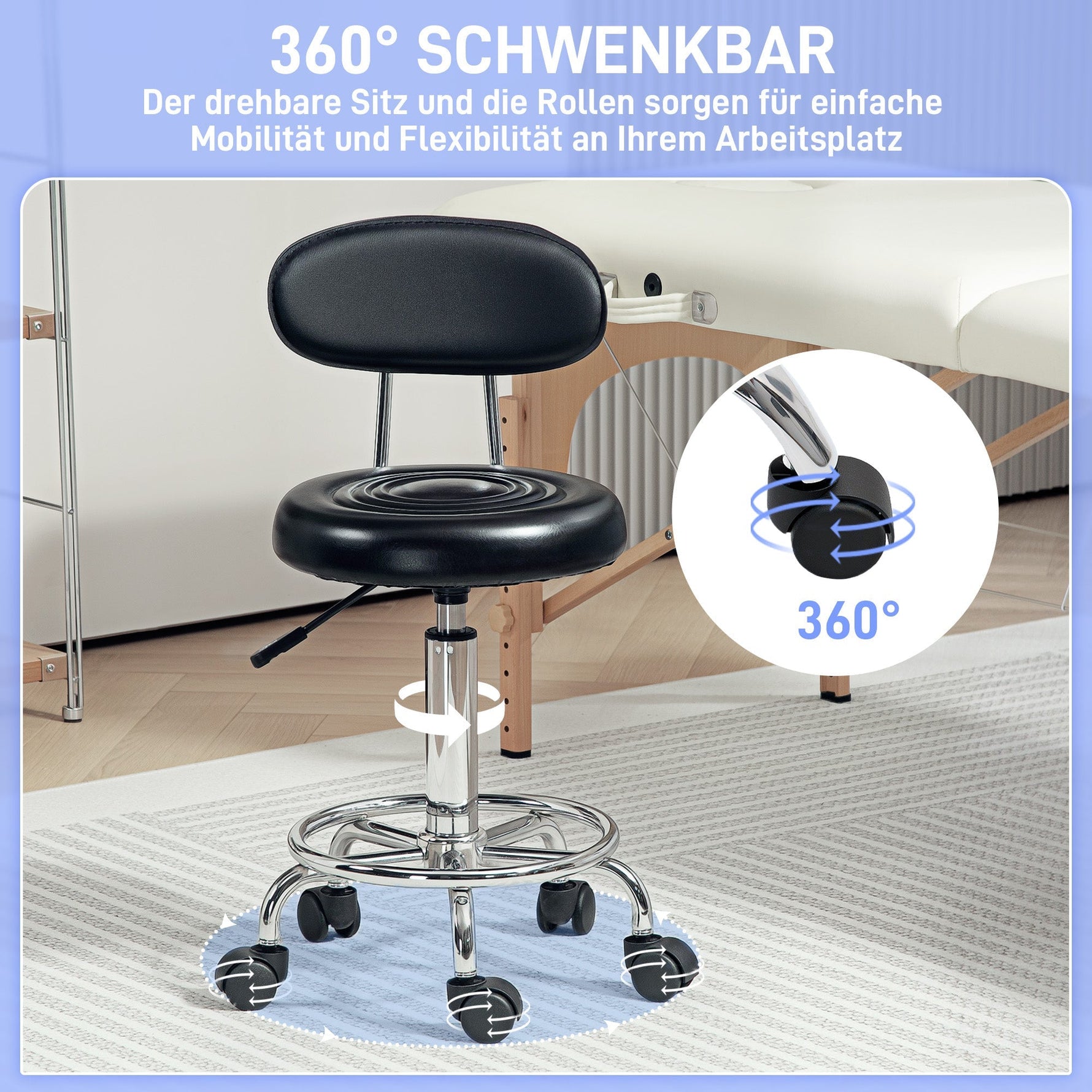 Rolling Stool, Height-Adjustable Swivel with Backrest & Wheels, Faux Leather Black
