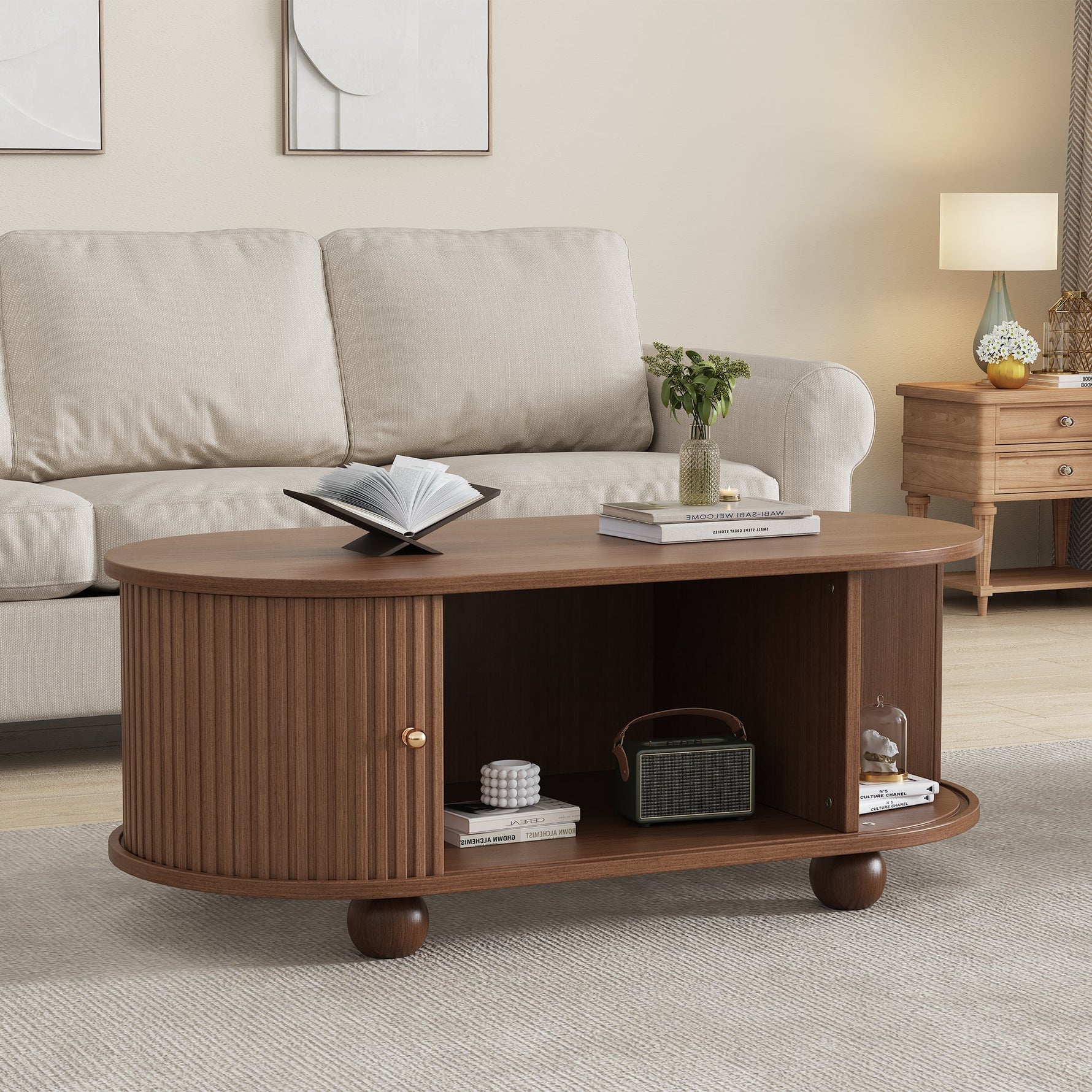 Coffee Table, 100 x 50 x 40 cm, Storage with Sliding Doors, Walnut