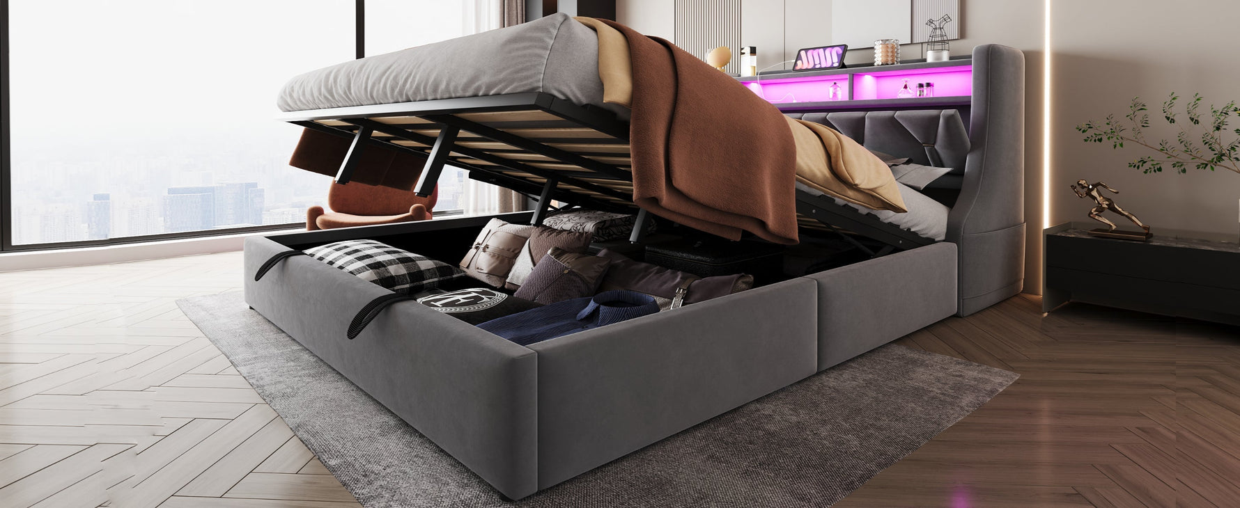 Upholstered Bed 180 x 200 cm with Hydraulic Storage and LED Lighting, Grey Velvet