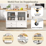 Mobile Kitchen Island Extendable Table Wheels Wine Glass Holder Storage - White