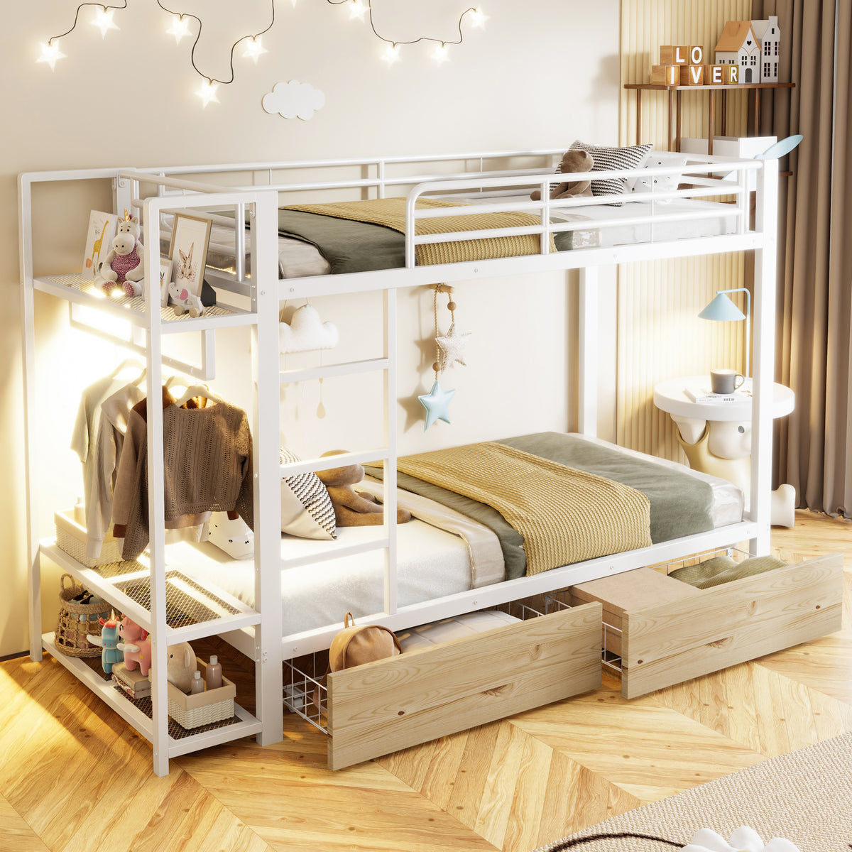 Bunk Bed 90x200 cm with Drawers & LED, White Iron Frame