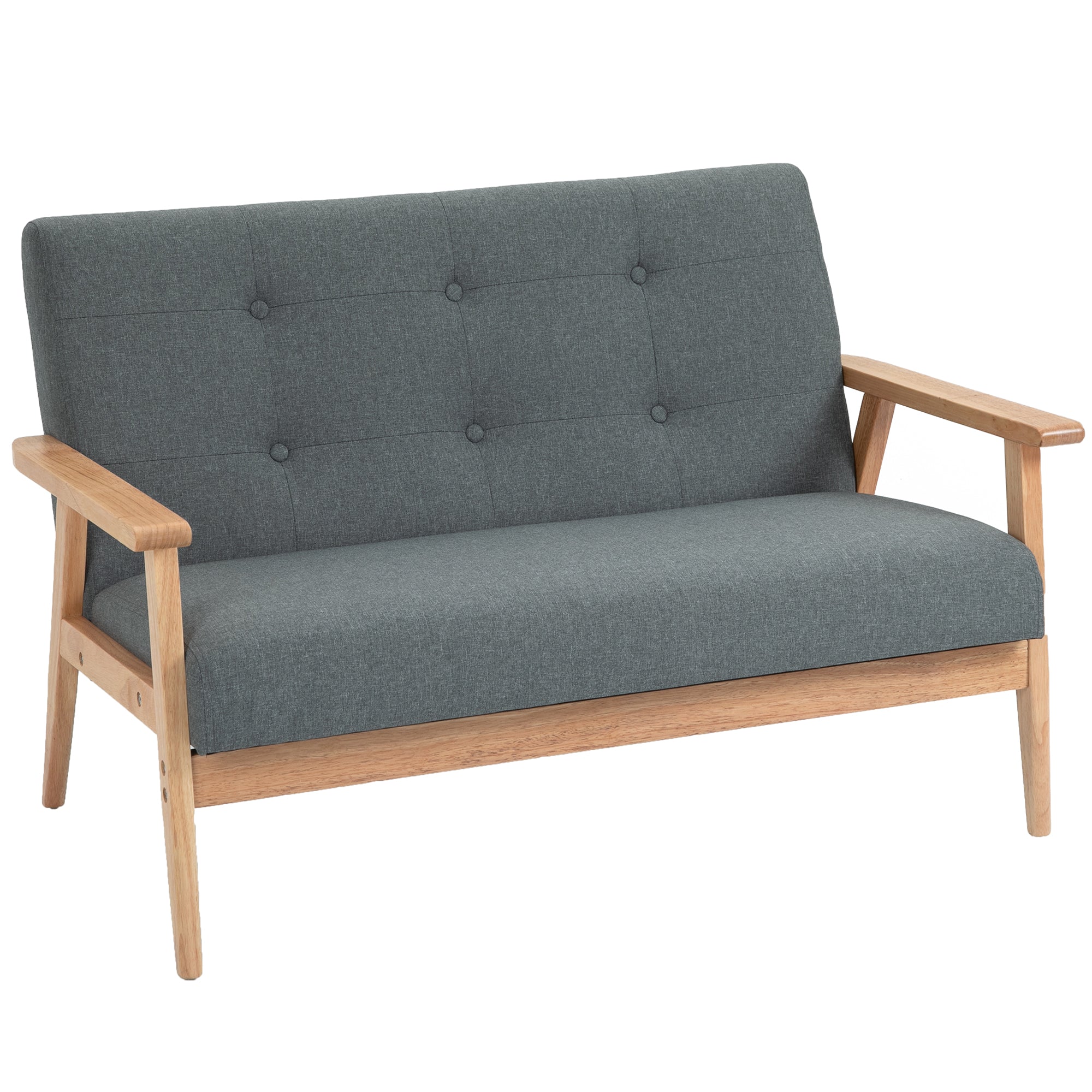 Double Sofa Loveseat, 2-Seater, Compact Design, Linen & Rubberwood, Grey