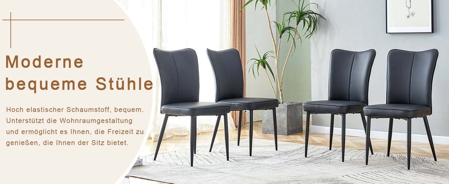Dining Chair Modern Minimalist PU Leather Back Metal Legs - Black