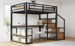Metal Loft Bed 140x200cm, Storage Ladder, Shelves, Table, Safety Fence, Black