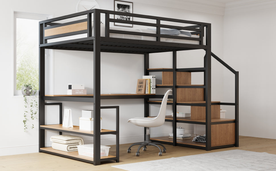 Metal Loft Bed 140x200cm, Storage Ladder, Shelves, Table, Safety Fence, Black
