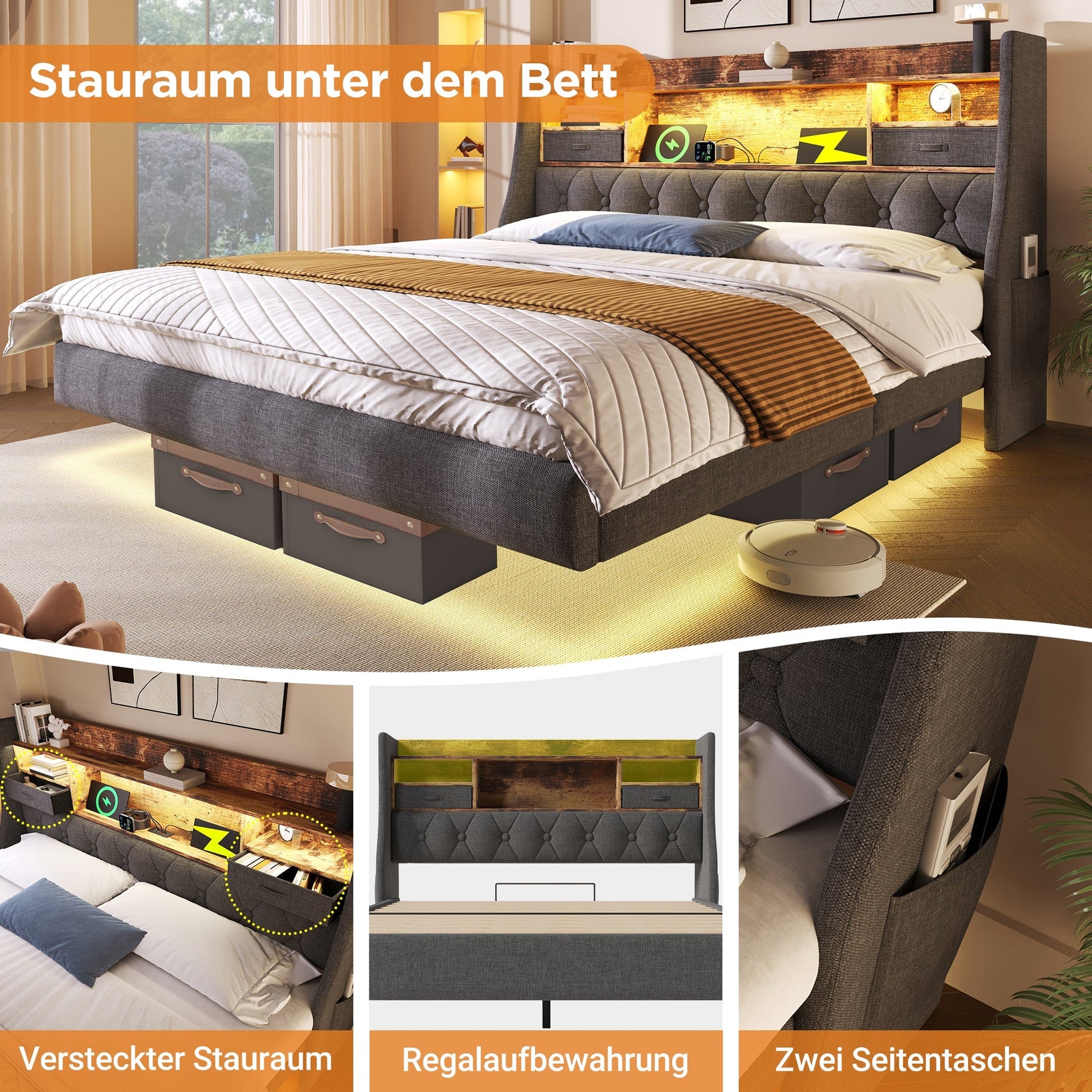 Upholstered Bed 160x200 Floating with LED, Charging Station, Storage Headboard Linen, Grey