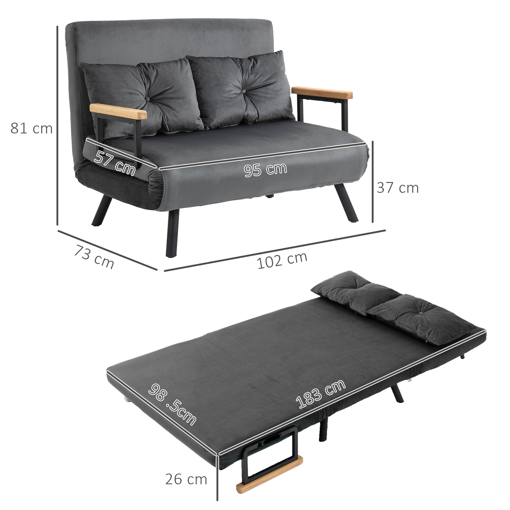 Sofa Bed, Storage Function Velvet Back Cushions, Dark Grey (102x73x81 cm)