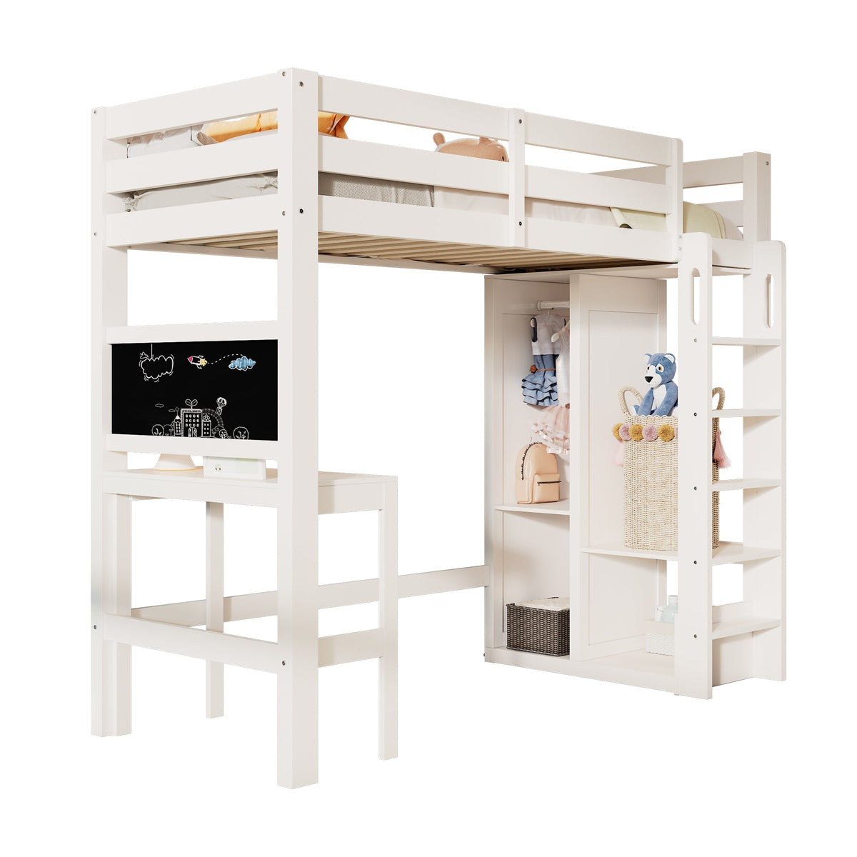 Children's Bunk Bed with Desk, Wardrobe and Shelves, 90x200cm, White