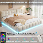Upholstered Double Bed with Light Strip and Hydraulic Storage, 180x200cm, Beige Velvet Fabric