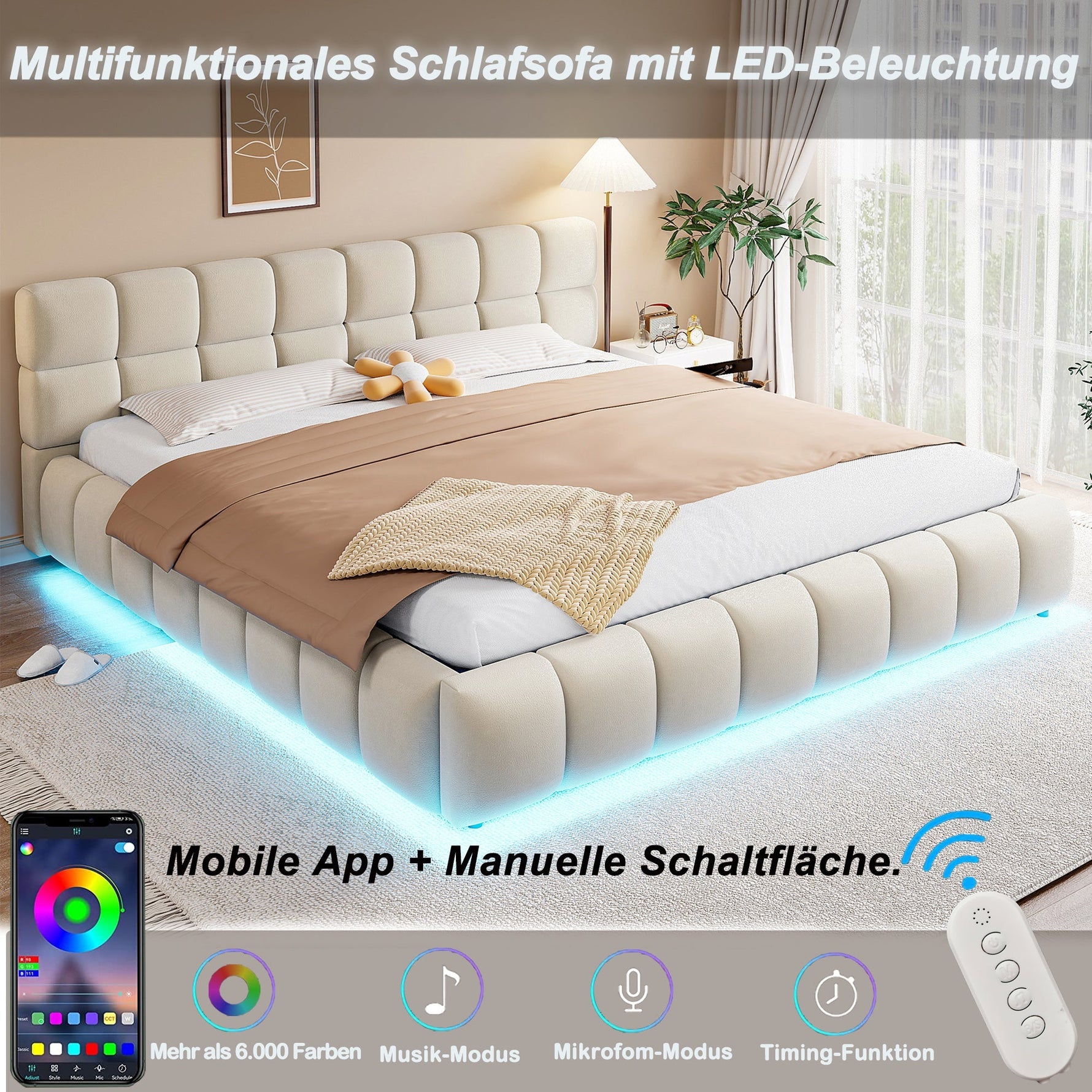 Upholstered Double Bed with Light Strip and Hydraulic Storage, 180x200cm, Beige Velvet Fabric