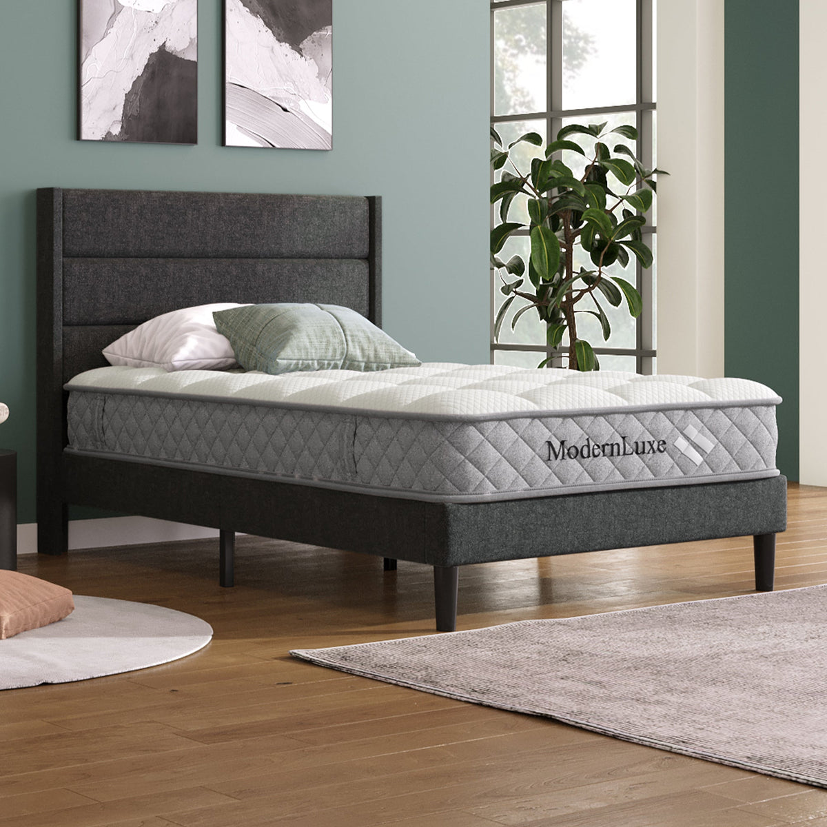 Upholstered Bed, 90x200cm with Slatted Frame & Headboard, Grey Linen