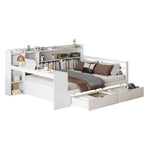 Solid Wood Sofa Bed, 140x200 cm, with Desk, Bookshelf, Storage, Power Outlet, White