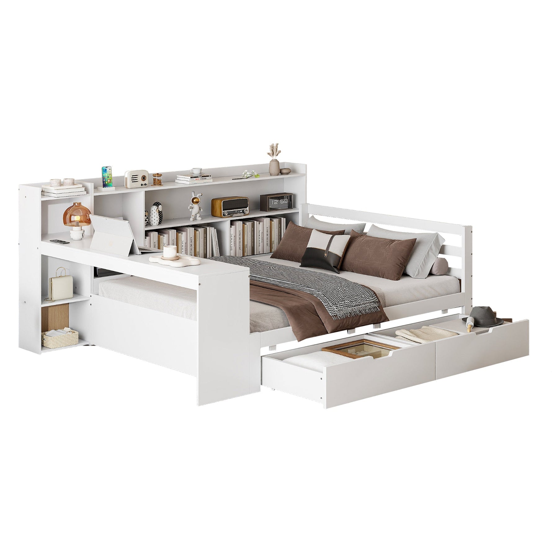 Solid Wood Sofa Bed, 140x200 cm, with Desk, Bookshelf, Storage, Power Outlet, White