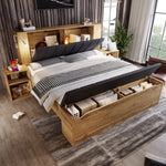 Double Bed with Mattress, Storage, Bedside Tables, Bench and USB Lamps, Oak Wood and Linen