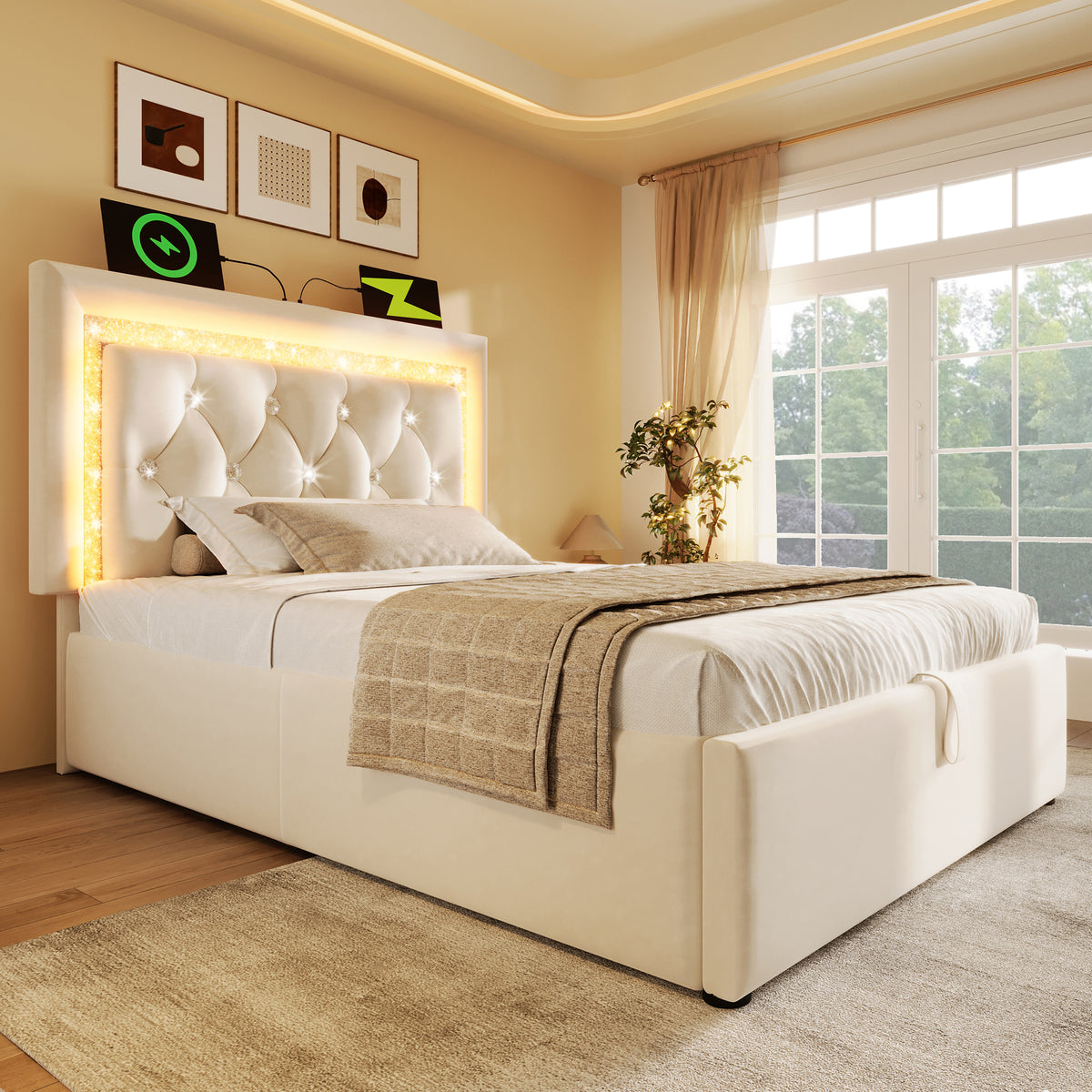 Upholstered Single Bed 90x200cm with LED & Storage, Beige Velvet
