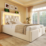 Upholstered Bed 90x200cm with LED & Storage, Beige Velvet