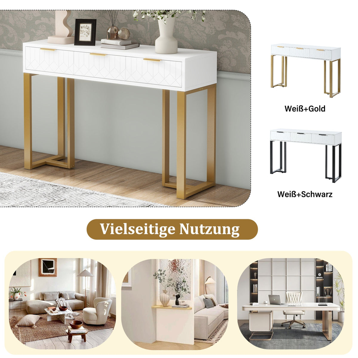 Modern Console Table - Drawers, Adjustable Foot Pads, Elegant Handles - White & Gold