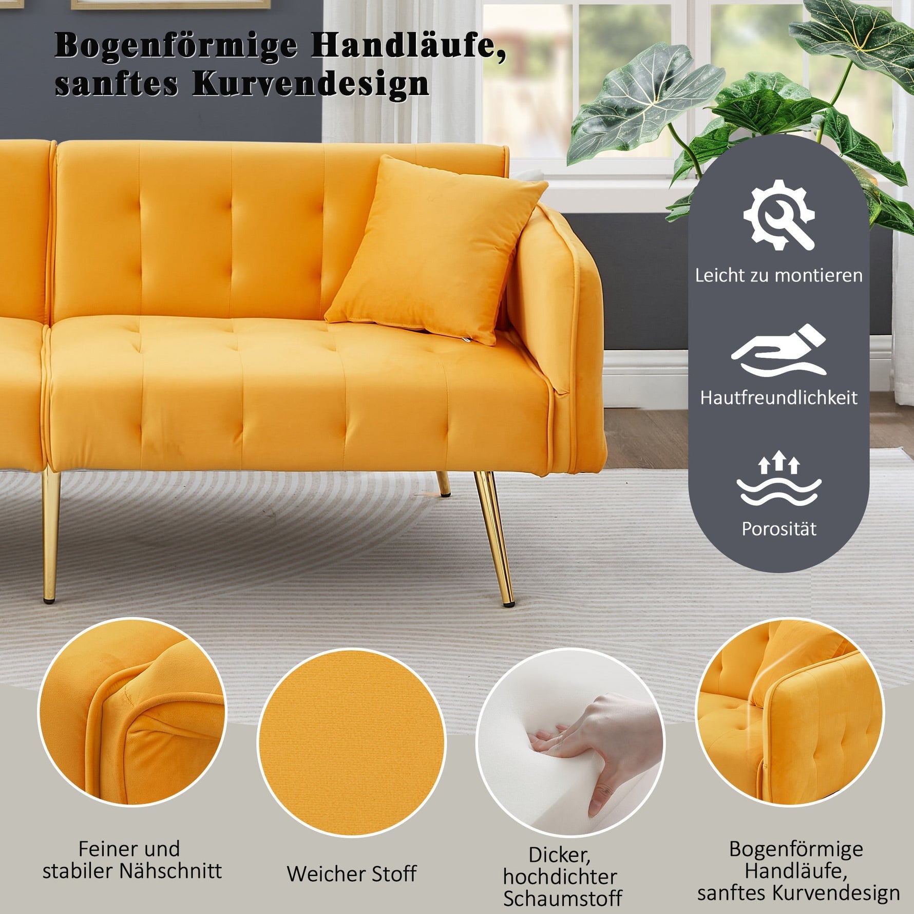 Two-seater Sofa Bed Multifunctional Adjustable Folding Velour Upholstery