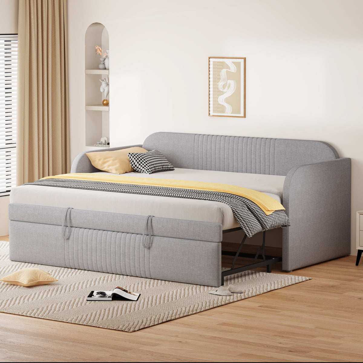Upholstered Extendable Sofa Bed 90/180x190cm, Light Grey Linen
