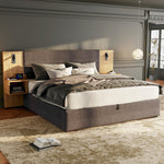 Upholstered Bed with Hydraulic Storage, LED, USB and 2 Bedside Tables, 160x200cm, Grey and Natural Velvet