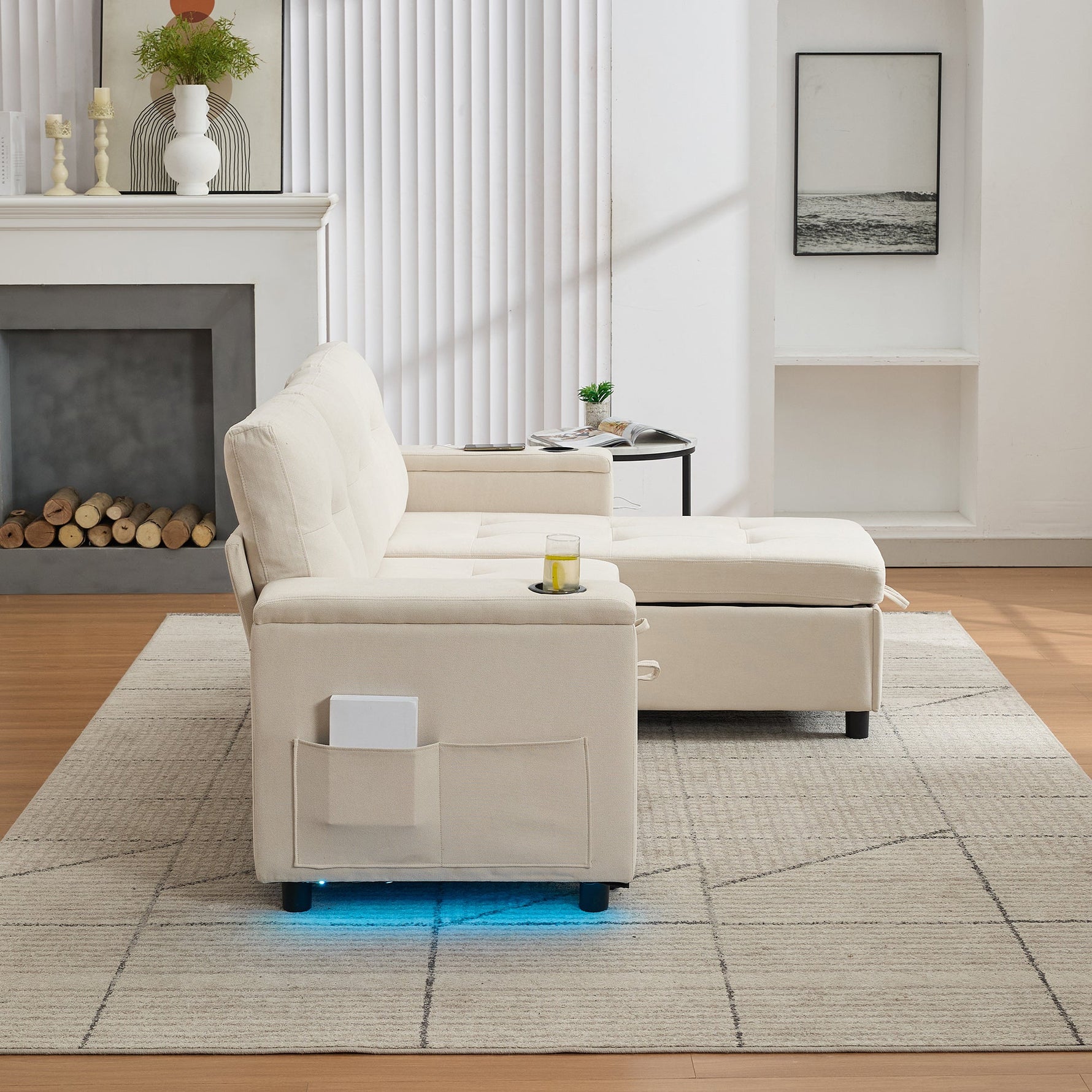 Treviso L-Shaped Sofa Bed 3-Seater Fold-Out Hidden Storage LED Strip Beige