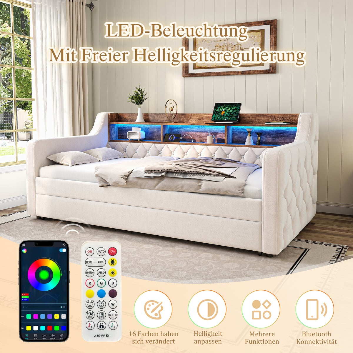 Space-Saving Sofa Bed 90x190cm with Storage & LED, Beige Velvet