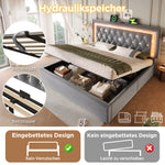 Upholstered Bed 160x200 cm with LED, USB Charging and Hydraulic Storage (with Mattress), Grey Velvet