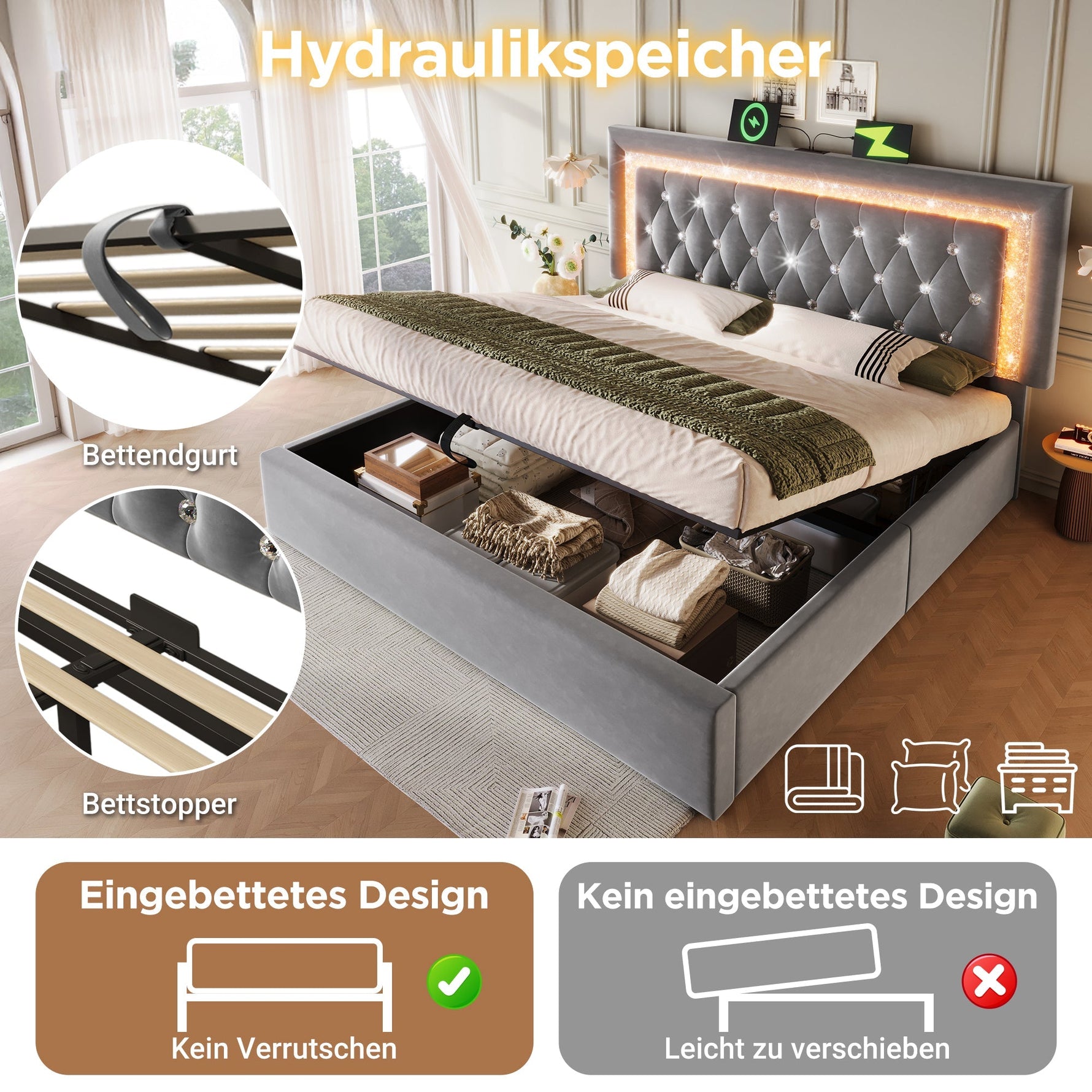 Upholstered Bed 160x200 cm with LED, USB Charging and Hydraulic Storage (with Mattress), Grey Velvet