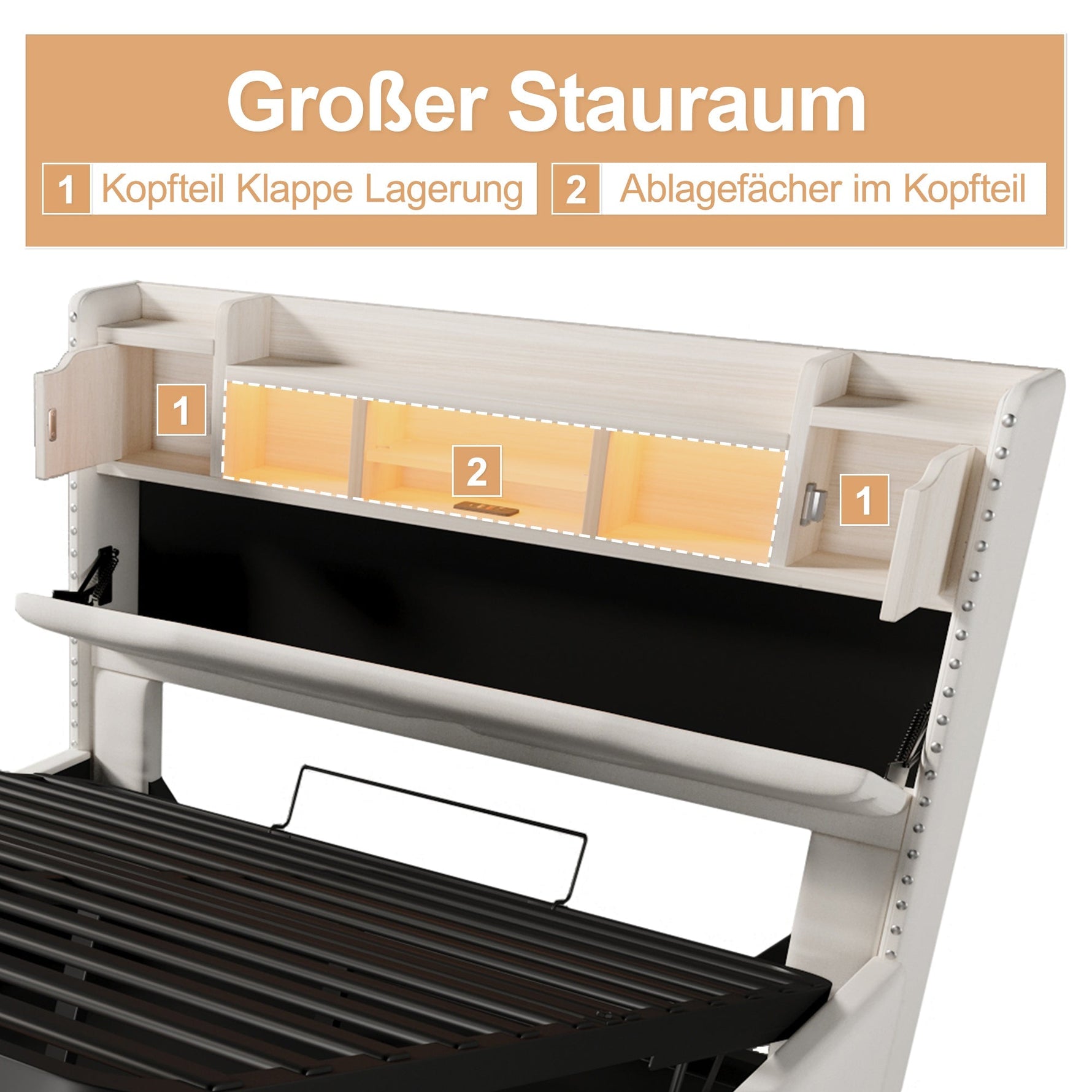 Upholstered Bed 160x200cm Hydraulic Storage Headboard with USB-C & LED Lights Beige