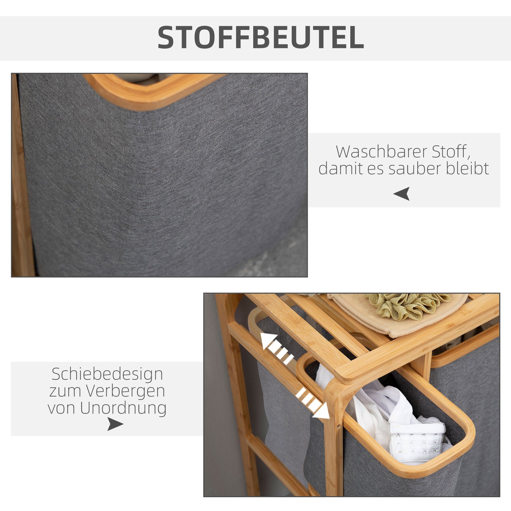 Laundry Basket, Platform Laundry Collector with 3 Removable Bags, Grey+Natural Bamboo