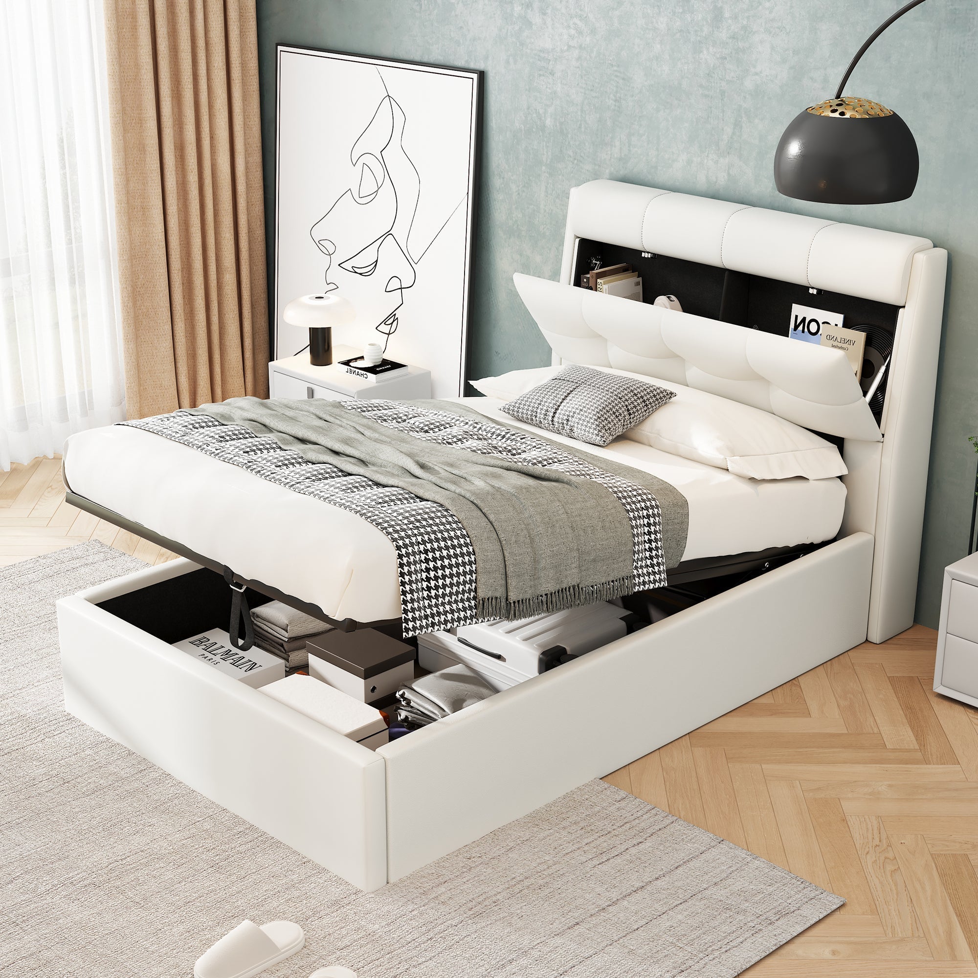 Upholstered Bed 90x200 Hydraulic Bed Box & Headboard Storage PU White