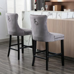 Contemporary Velvet Upholstered Barstools Set of 2 with Button Tufting & Wooden Legs, Gray