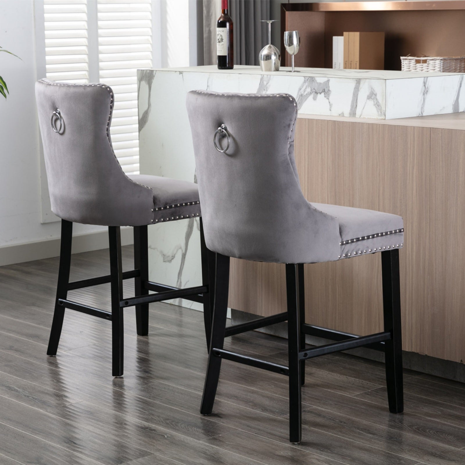Contemporary Velvet Upholstered Barstools Set of 2 with Button Tufting & Wooden Legs, Gray