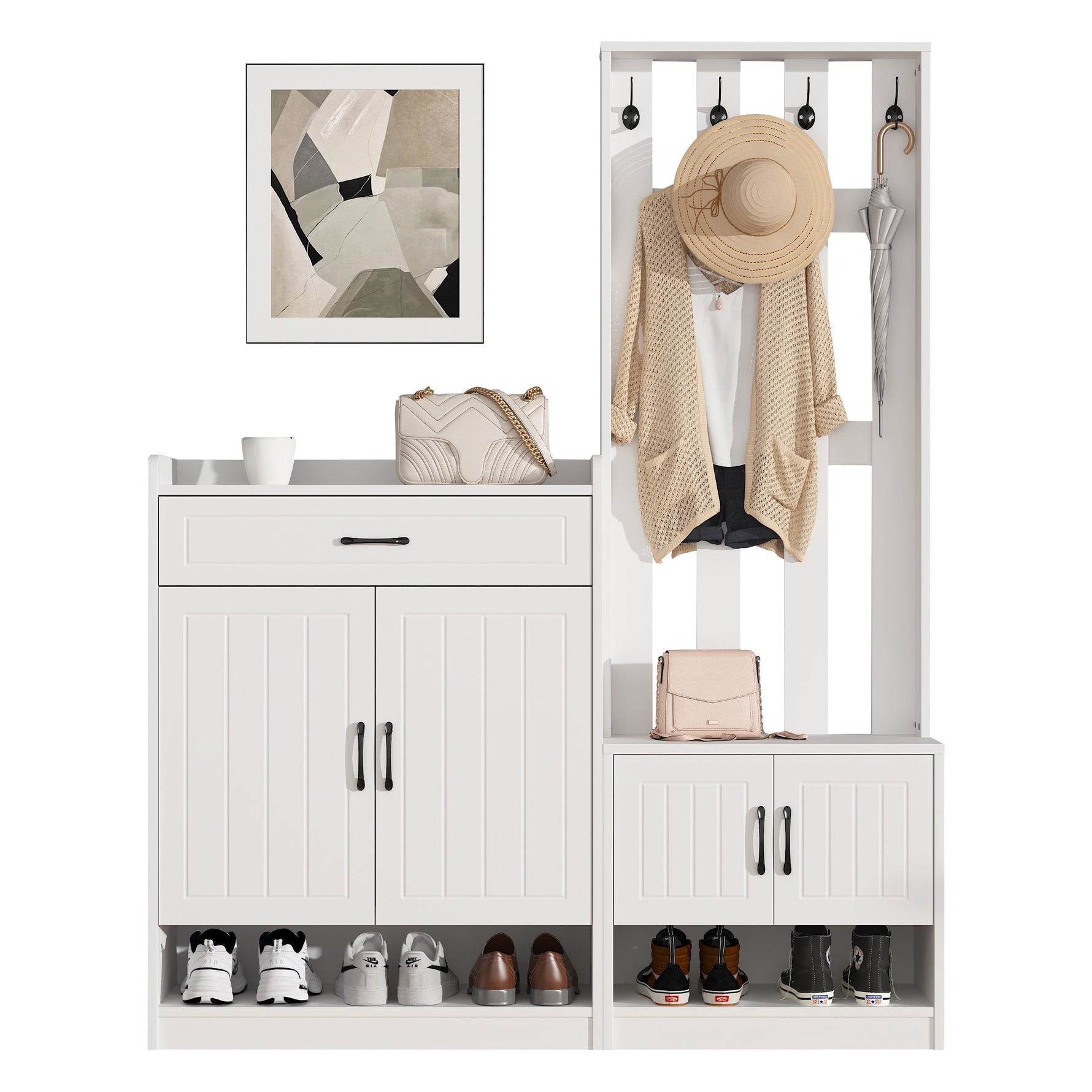 Wardrobe Set 140.6x32x180 cm Hallway Panel Shoe Cabinets, White Matte Finish