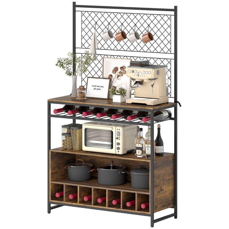 Kitchen Shelf with Worktop, Mesh Panels, 5 Hooks, Brown