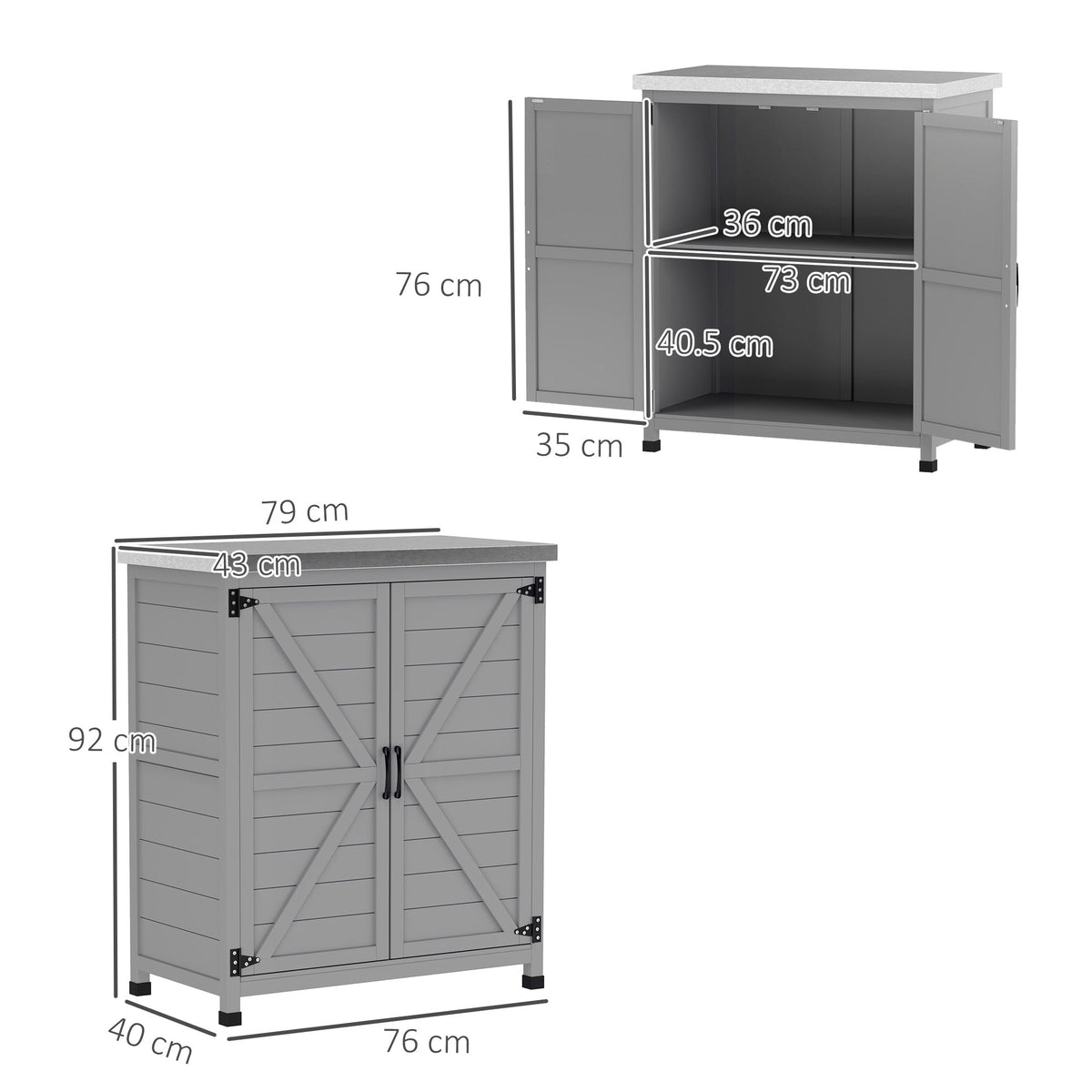 Wooden Garden Shed Outdoor Storage Cabinet with Worktop, Double Doors, Shelf, Grey