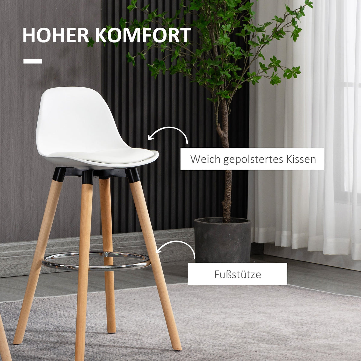 Set of 2 bar stools, kitchen stools, bar chair with footrests, artificial leather, white