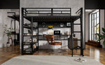 Iron Bed, Loft Bed with Storage, Charging Port, Ladder, Black Iron & Chipboard