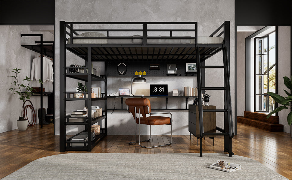 Iron Bed, Loft Bed with Storage, Charging Port, Ladder, Black Iron & Chipboard
