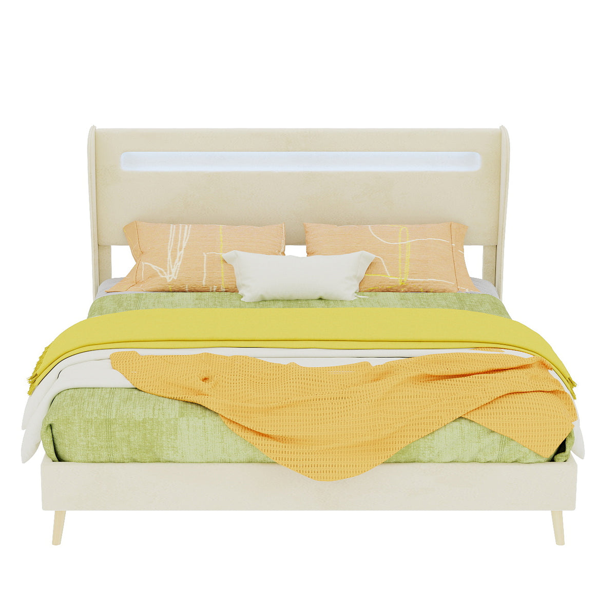 Modern Upholstered Bed with LED Headboard & Mattress, 160x200cm, Beige