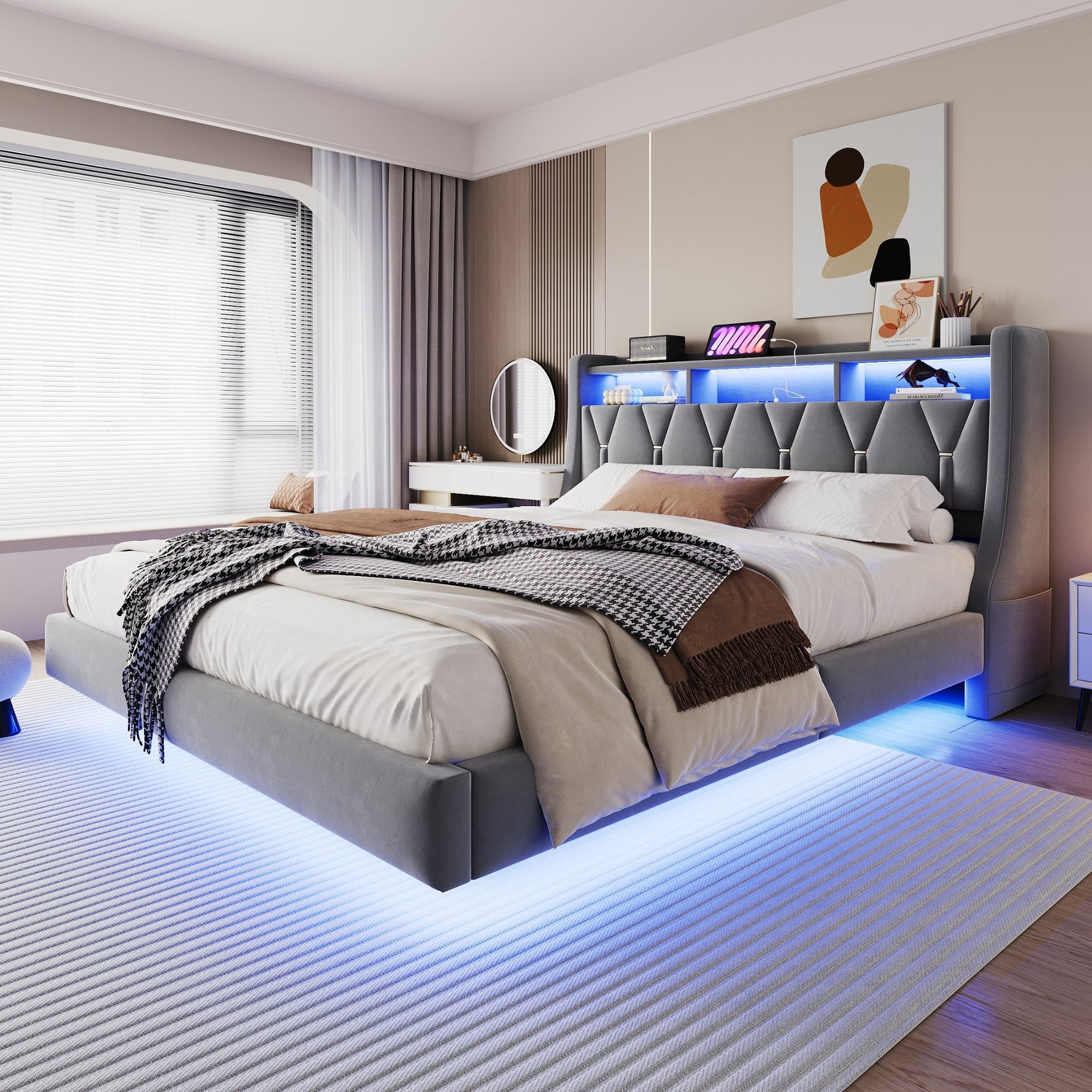 Upholstered Bed 180x200 cm, Fold-Down Headboard with Socket Storage & LED Lighting, Floating Design, Velvet Grey