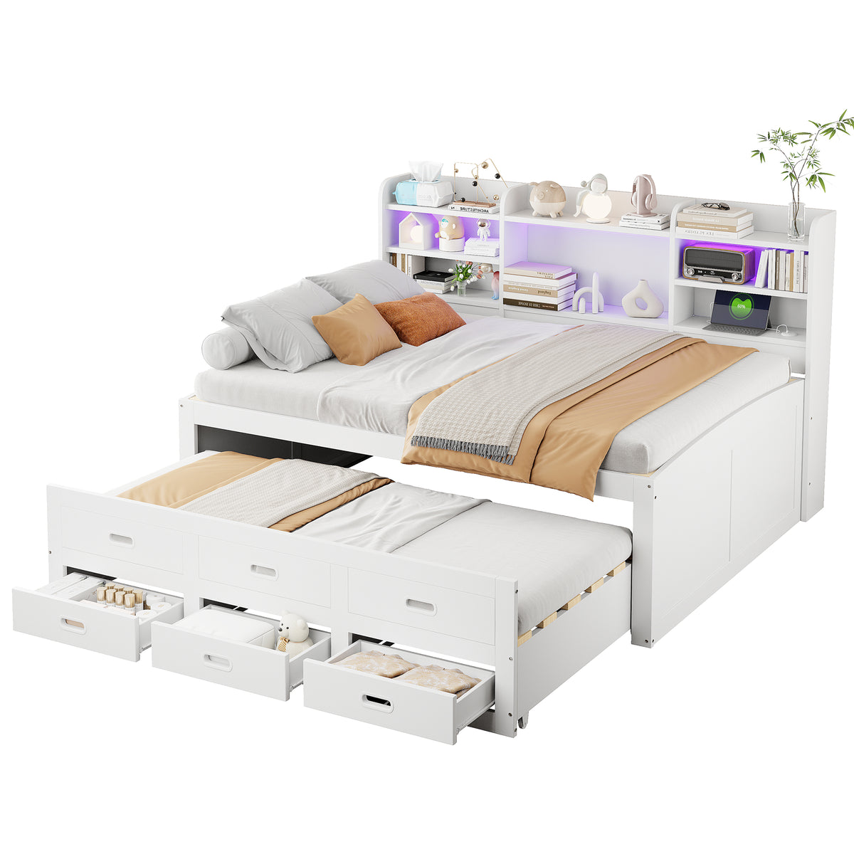 Sofa Bed 140x200cm with LED Lights & 3 Drawers, White
