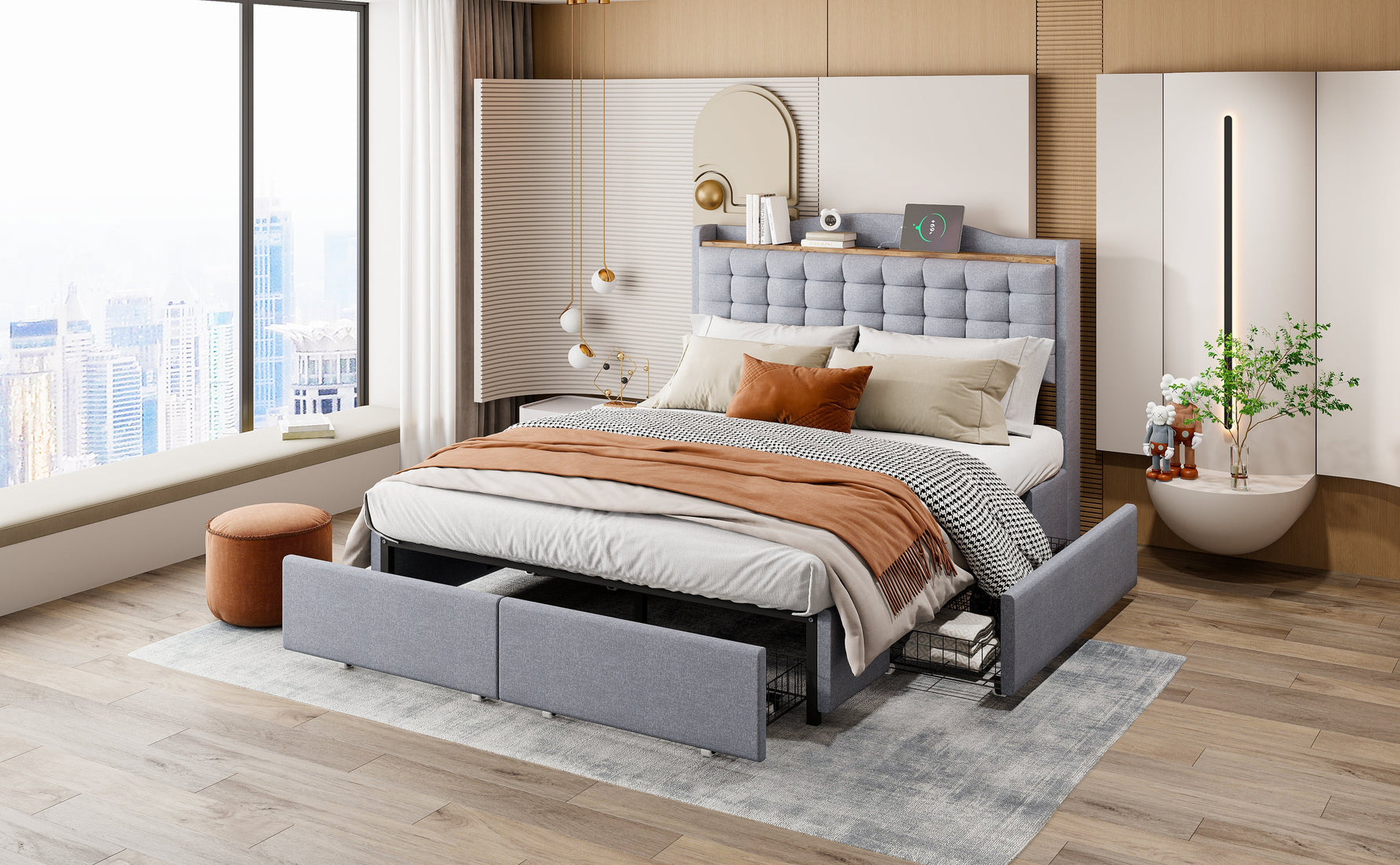 Upholstered Bed 140x200cm with USB & Storage, 4-Drawer, Linen Fabric Gray
