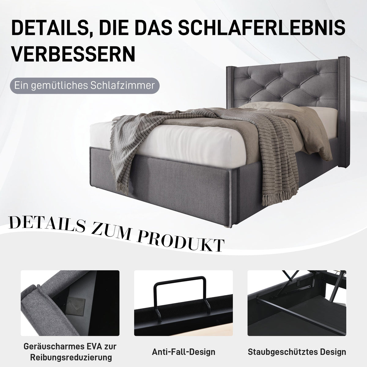 Hydraulic Upholstered Bed, Single 90x200cm with Storage, Grey Cotton