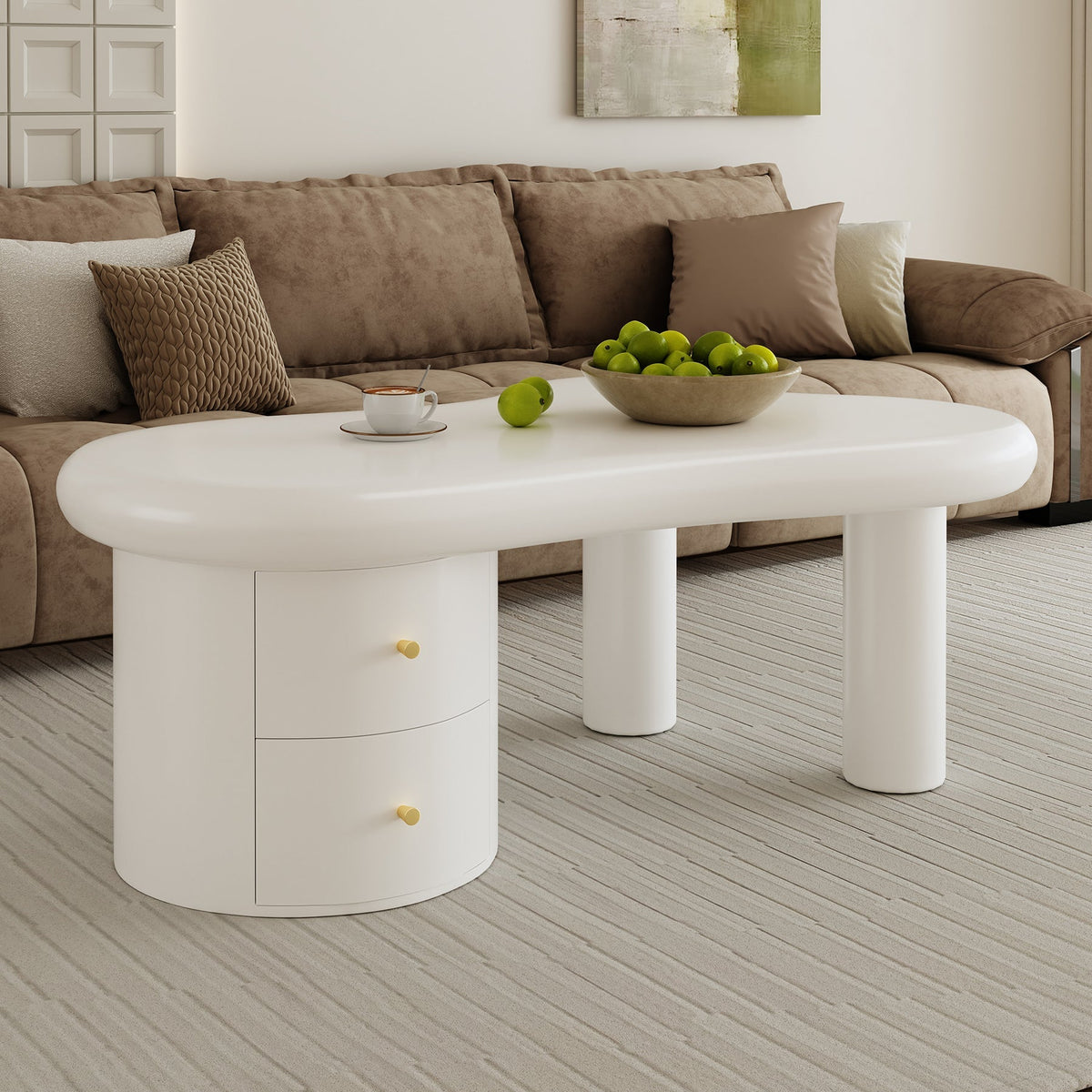 Coffee Table, Irregular Shape 2-Drawer Space-Saving Stylish Stable, White