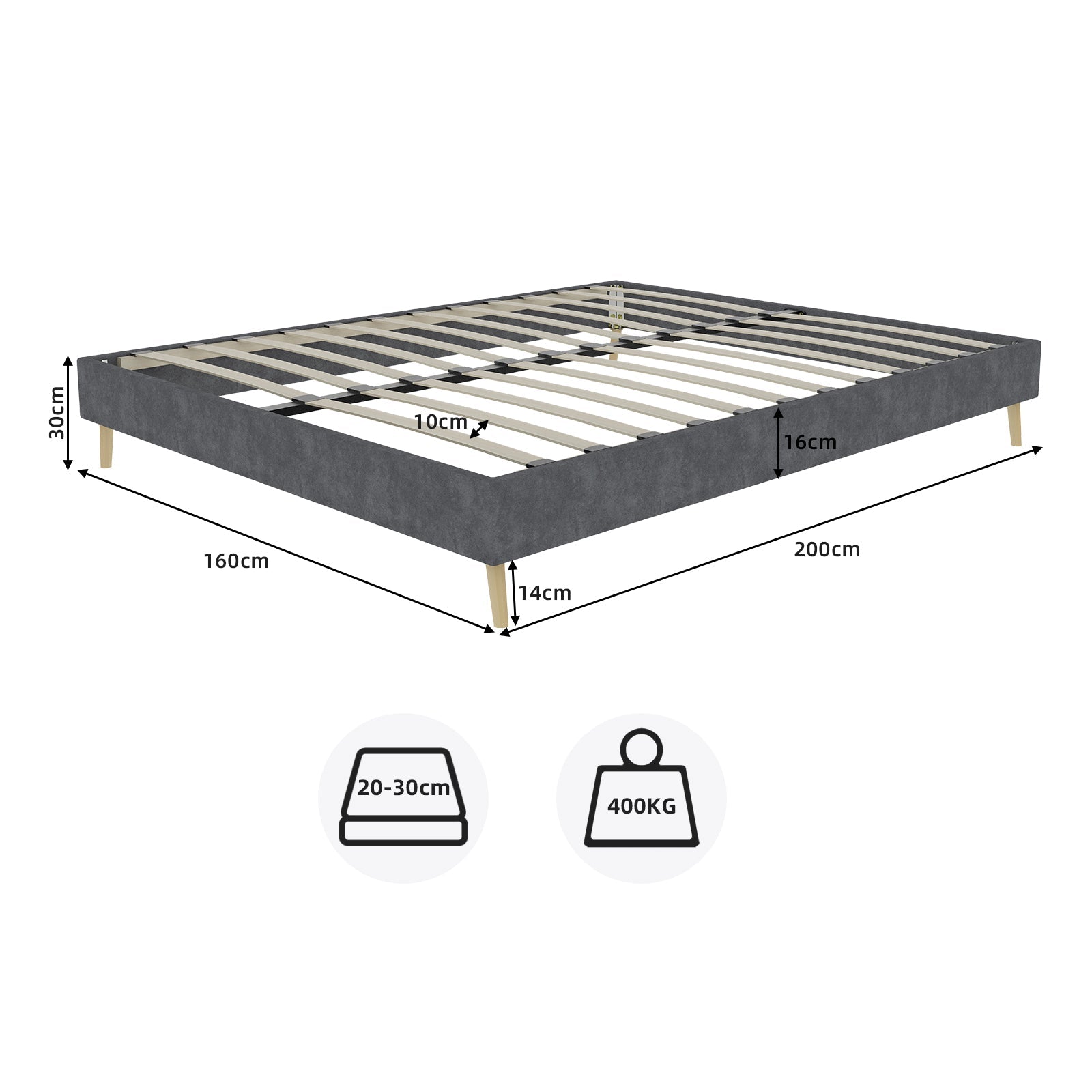 Modern Minimalist Bed Frame 160x200cm Low-Profile Dutch Velvet Grey