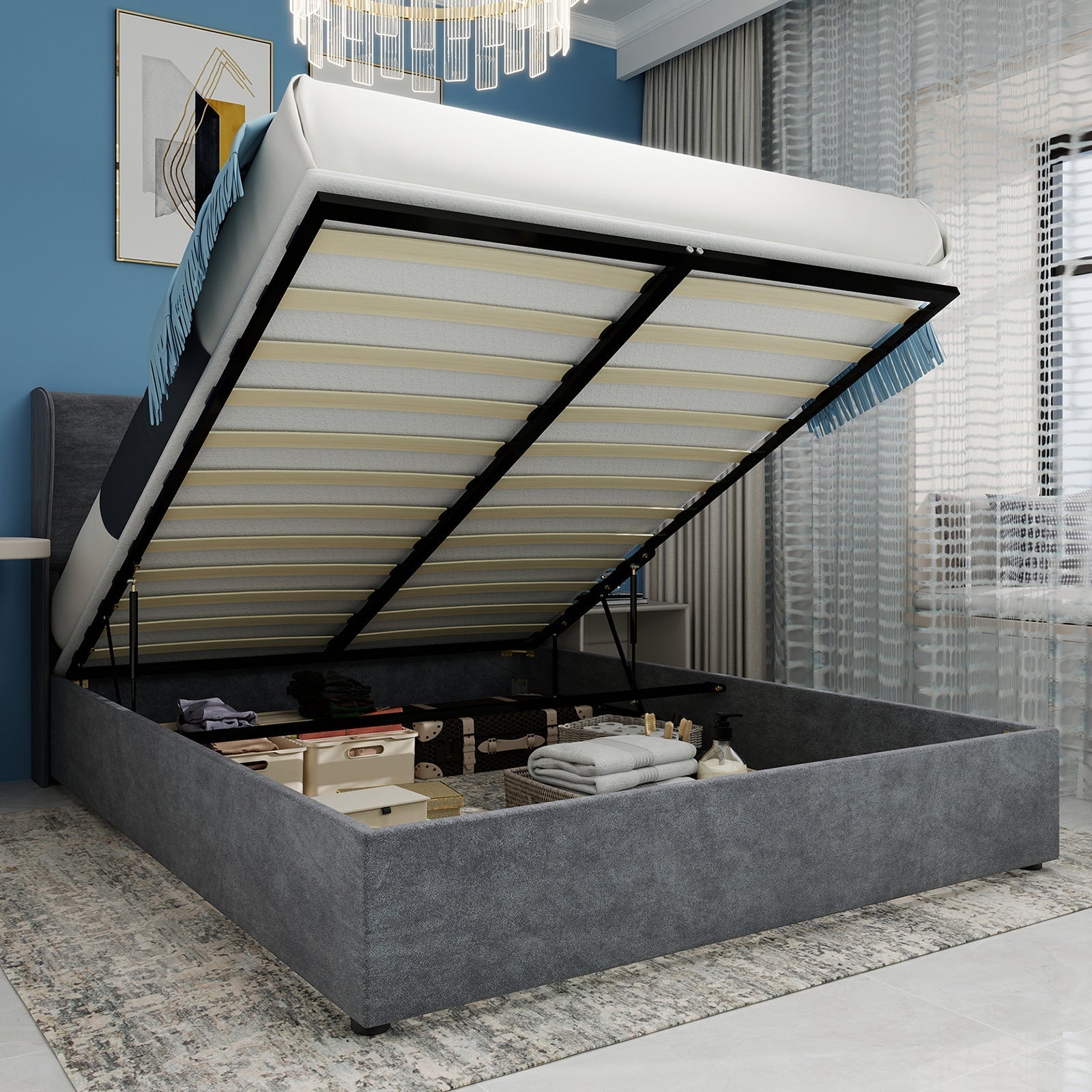 Modern Minimalist Upholstered Bed, 160x200 cm, High-Profile Storage with Gas Lift, Grey