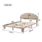 Upholstered Bed with Light Stripes, Scalloped Headboard & Round Legs, Velvet Beige+Pink