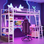 Loft Bed 90x200cm with Desk, LED & USB, White Iron Frame